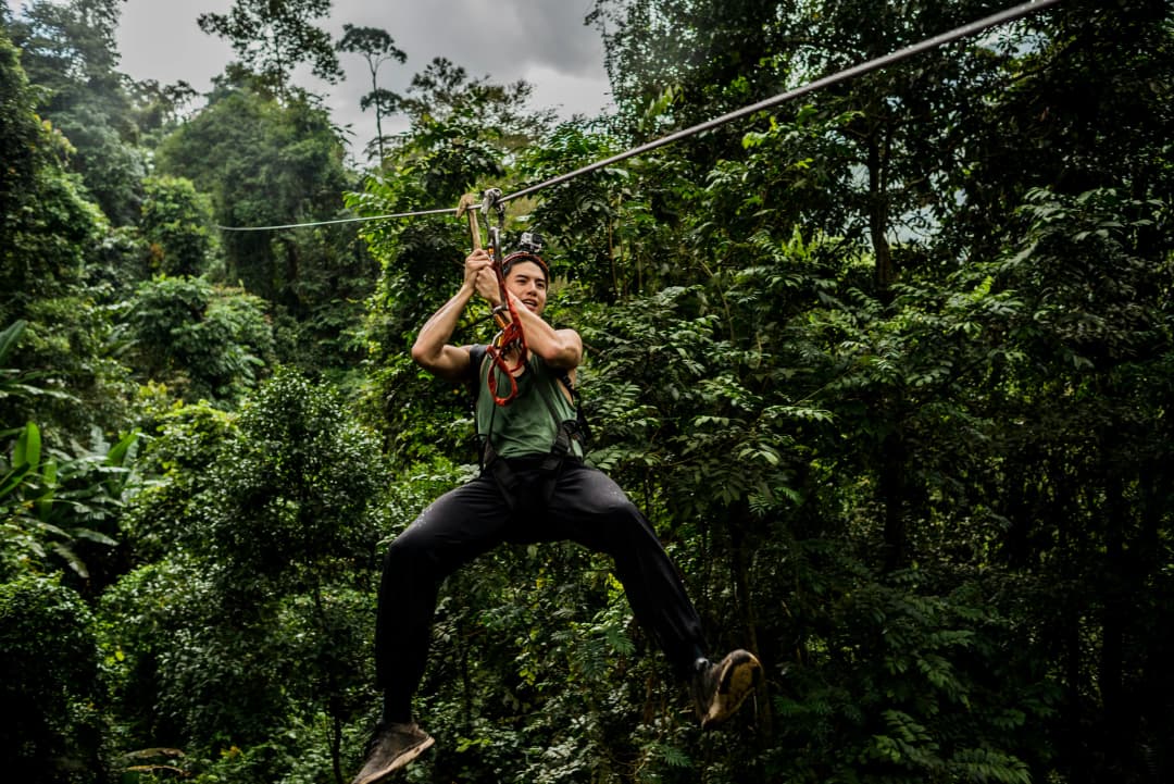 Man on zipline in forest
